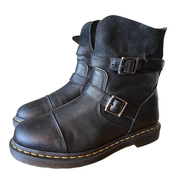 Dr. Martens Shoes - Dr. Martens Kristy Black Leather Suede Biker Boots Buckle Mid Calf Womens 9